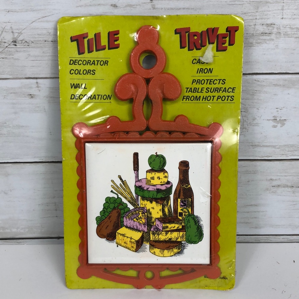 Vintage kitchen wine, fruit, cheese board tile cast iron trivet wall decor